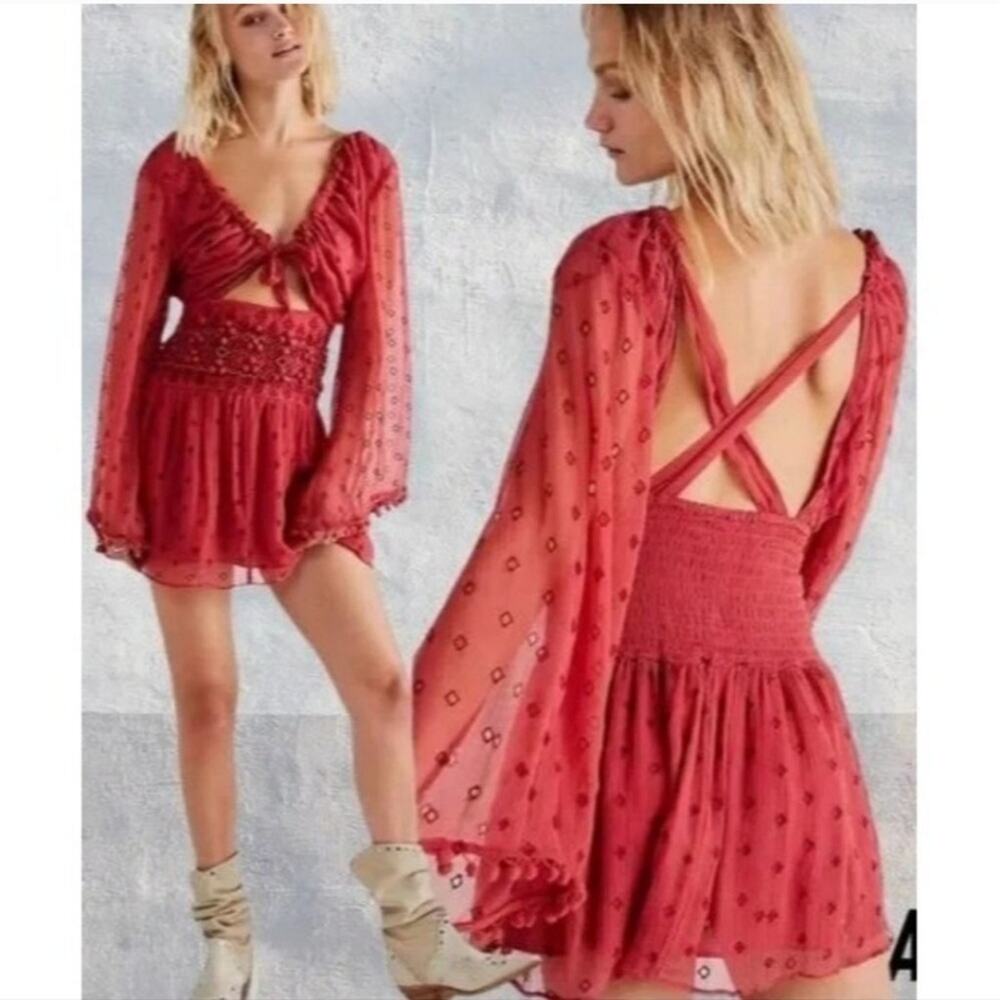 Free People Red Long Sleeve Smocked Mini Dress